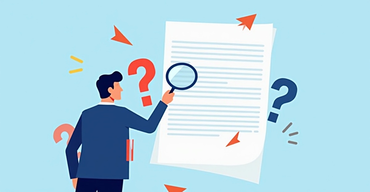 Business executive examining a vendor proposal with magnifying glass